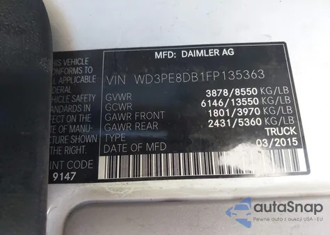 2015 Mercedes-Benz Sprinter 2500 High Roof z USA, uszkodzony, nr VIN WD3PE8DB1FP135363